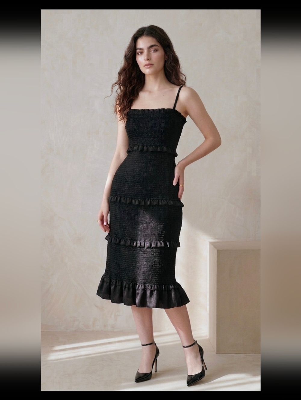 Mable Smocked Fitted Midi Ruffle Tiered Dress M Feminine Dark Romantic Coquette